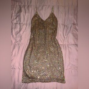 Gold Holographic V Neck Sequin Cocktail Bodycon Dress Medium